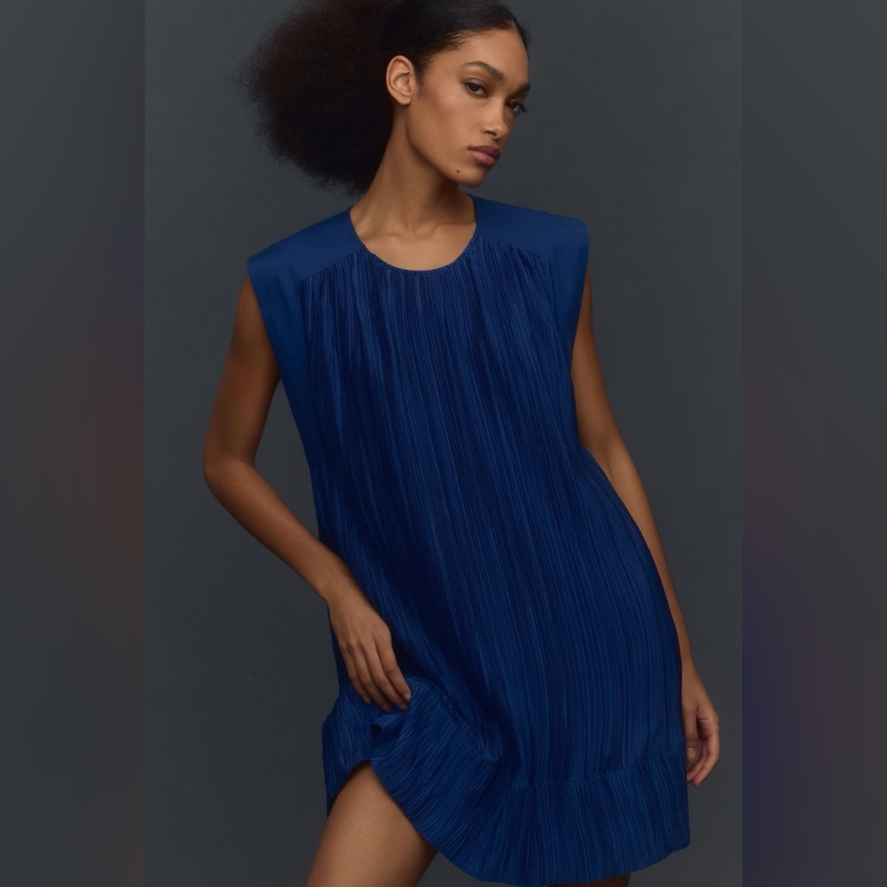 Anthropologie Cap-Sleeve Plissé Mini Dress Dark Blue Size XS